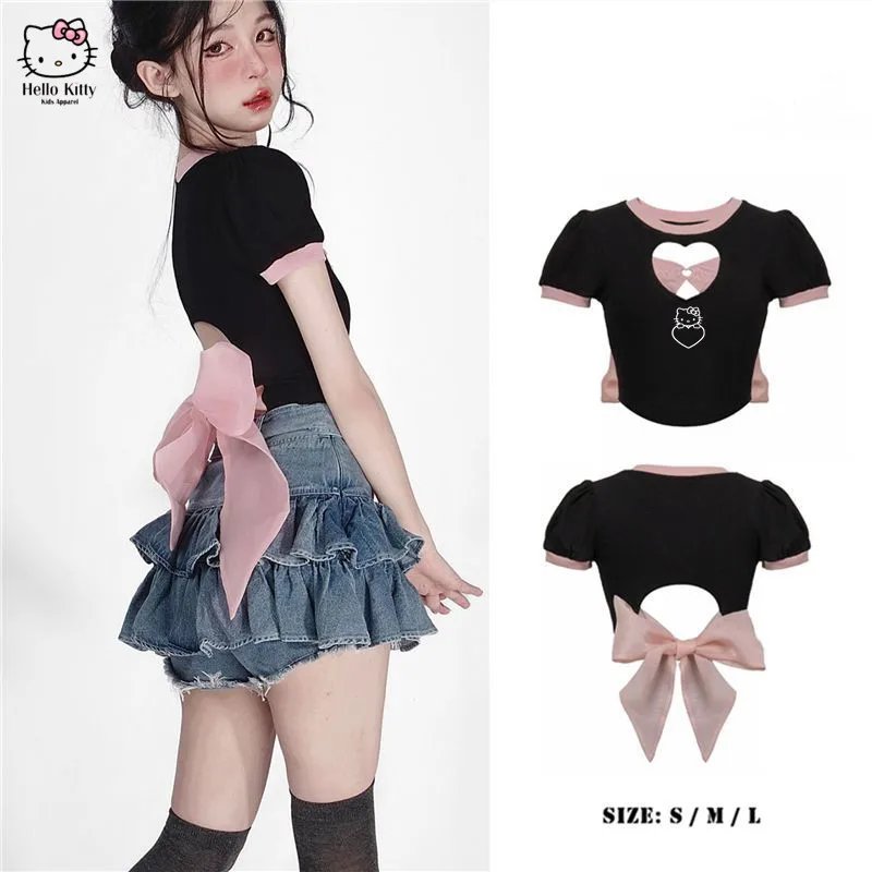 

2 Piece Set Hello Kitty Hot Girl Jacket Denim Skirt Creativity Cartoon Sexy Short Sleeve T-Shirt Bow Tie Decorate Clothing Gift