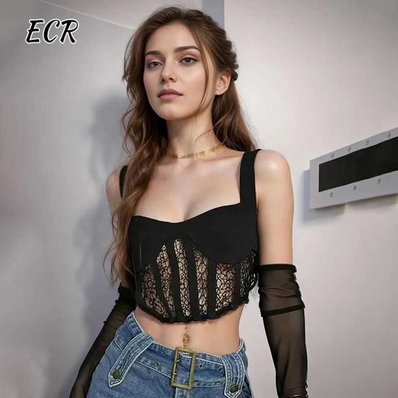 

ECR Sexy Patchwork Lace Tank Tops For Women Square Collar Sleevless Solid Slimming Fashion Camisole Short Vest Female Clothing