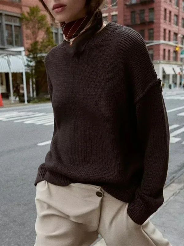 

New Autumn Women's Faion Pure Color Loose Basic round Ne Long Sve Knitted Sweater Commute Sle Comfortable Fit Top