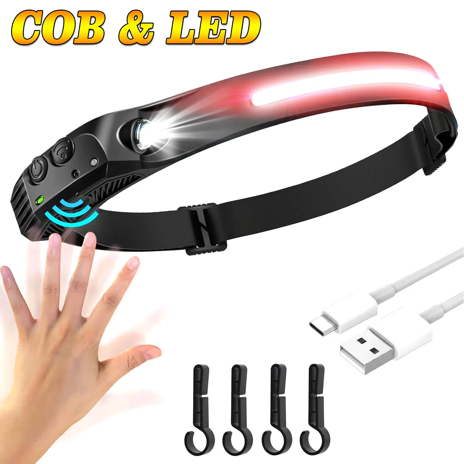 LED Induction Headlamp Camping Search Light USB Rechargeable Headlight Led Head Torch Work Light With Built-in Battery