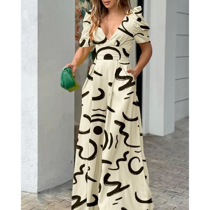 Summer new women\'s fashion temperament V-neck waist wide leg jumpsuit