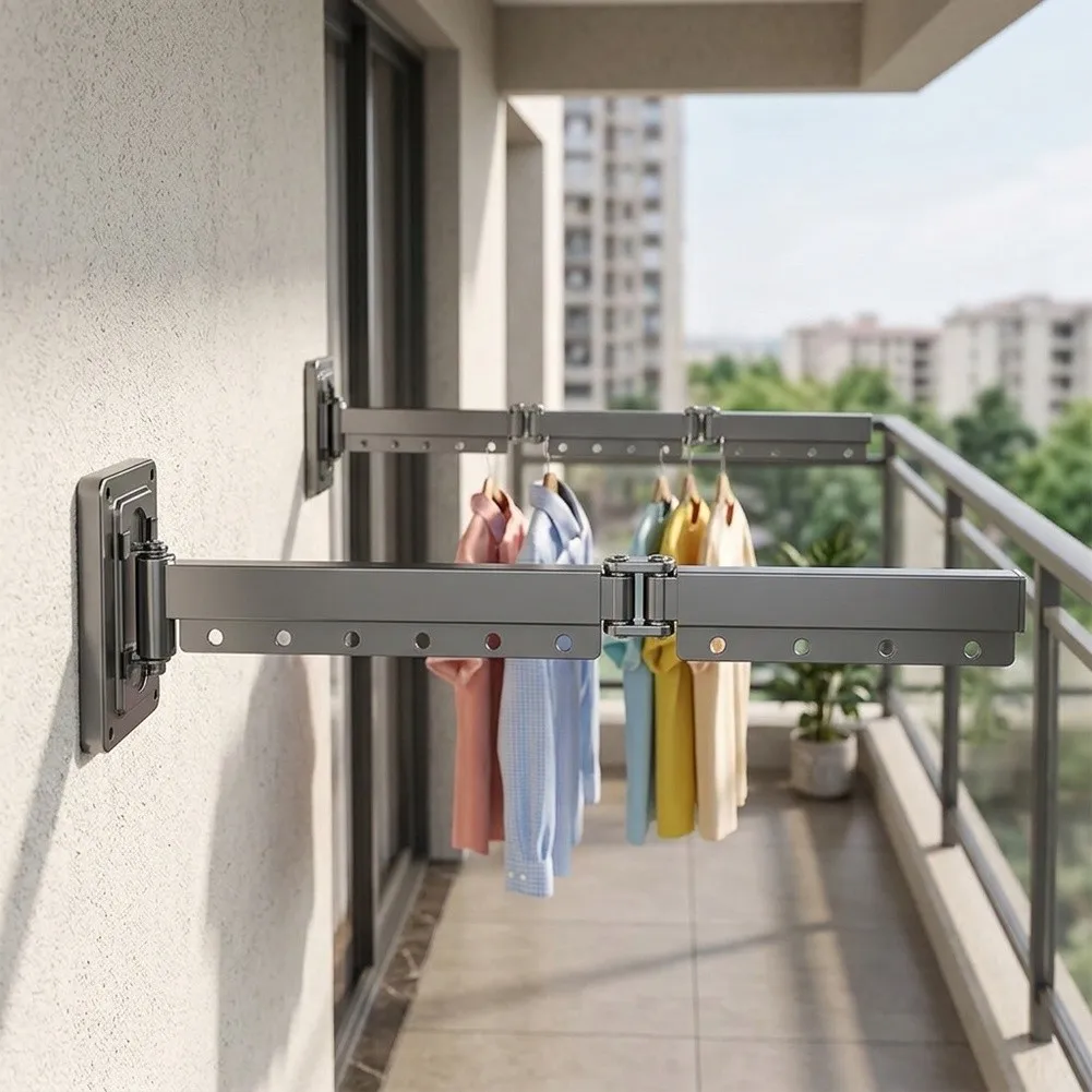 Wall Mount Folding Shower Curtain Rod Aluminum 4-Fold Adjustable for Small Bathrooms Fits 40 to 51 Inch Showers