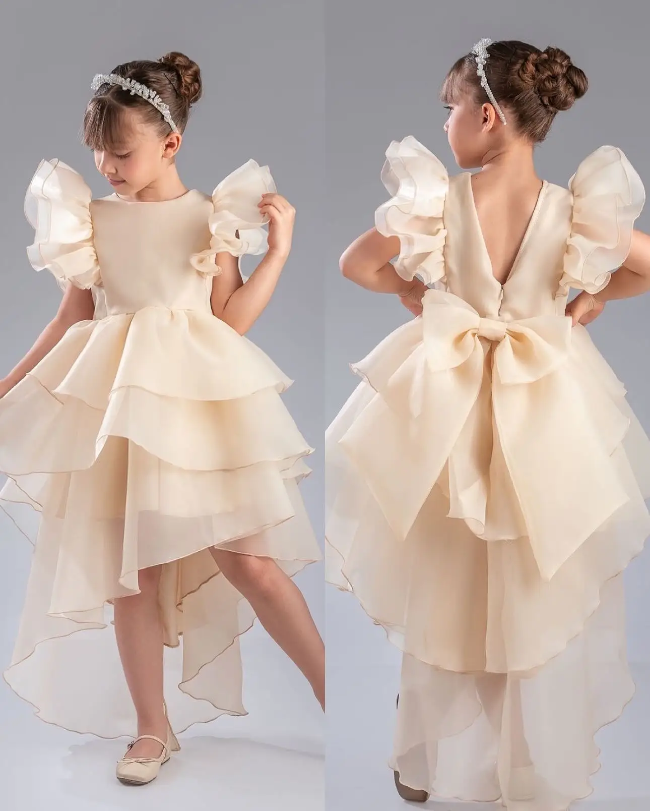 세련된 부드러운 오간자 공주 꽃 소녀 드레스 사랑스러운 플라잉 슬리브 보우 러플 투투 드레스 화려한 생일 파티 볼 가운