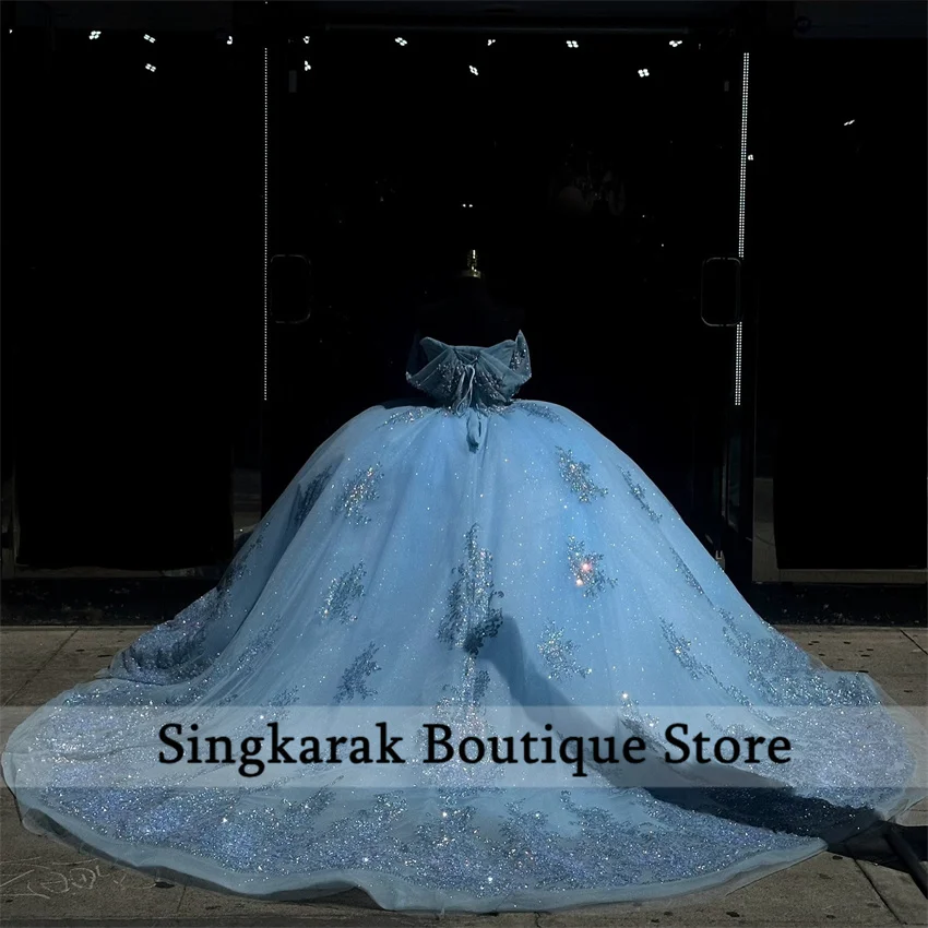 

Sky Blue Glitter Ball Gown Quinceanera Dresses Off Shoulder Sequined Appliques Beads Vestidos De 15 Anos Sweet 16 Customized