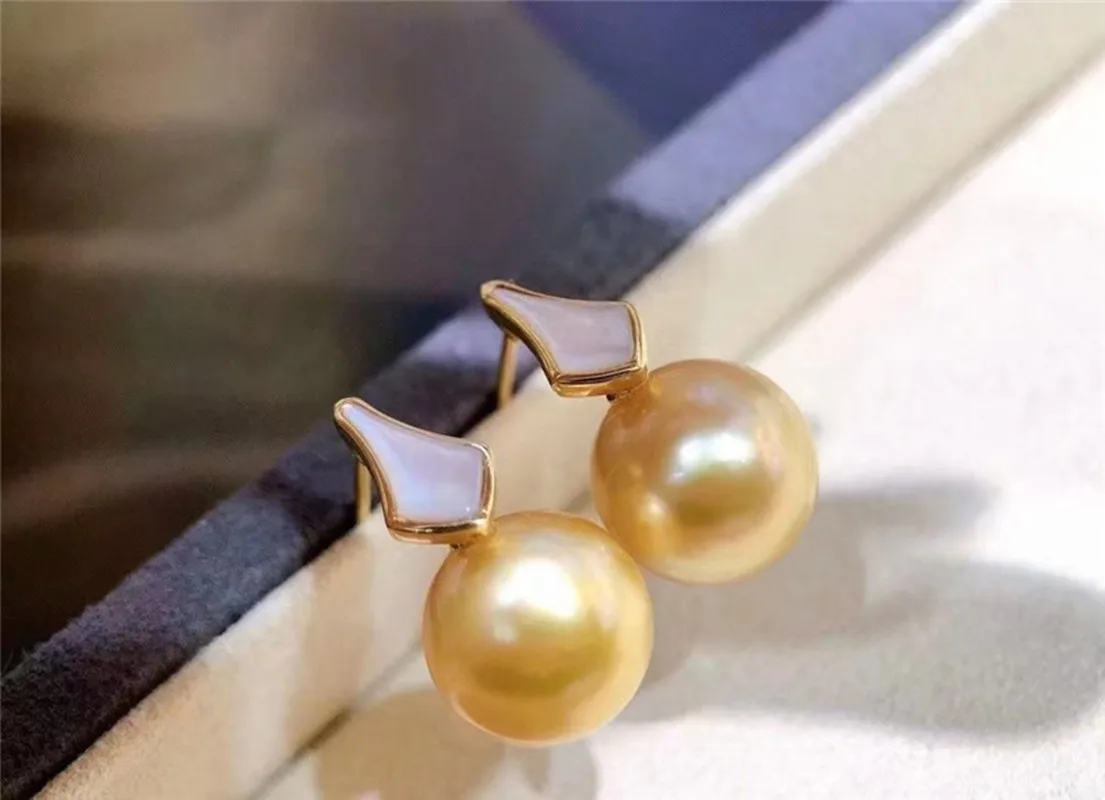 

S925 Women Earring Beautiful Real 9-12mm China Ocean gold Pearl Wedding Banquet Christmas Gift 080313