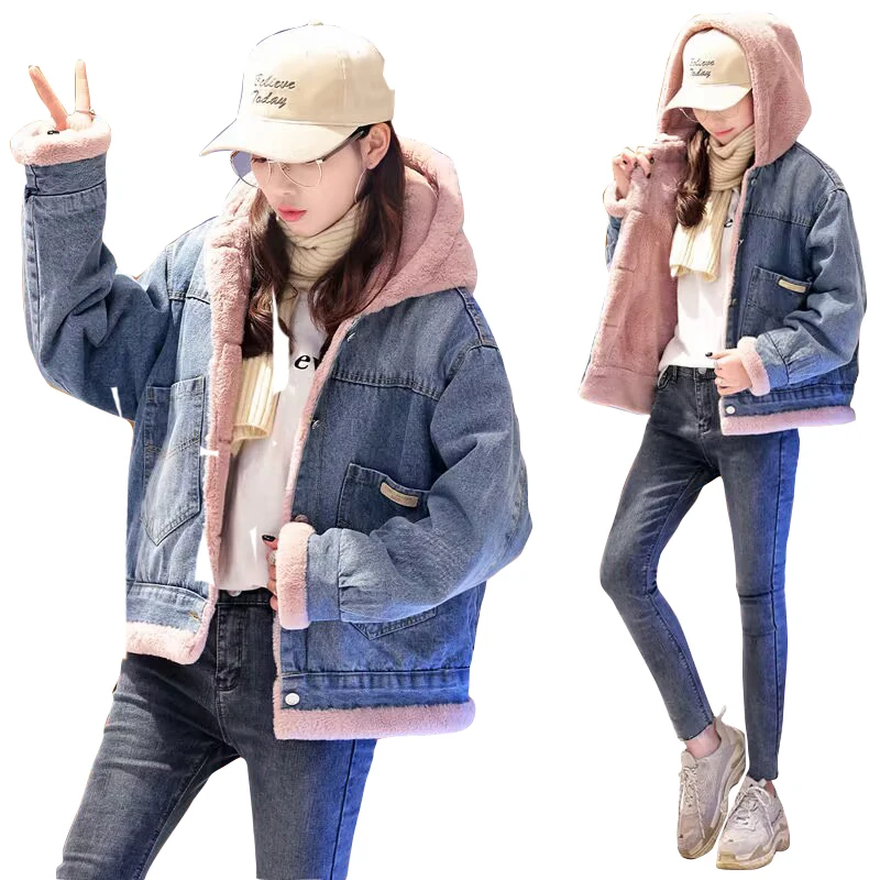 Winter Fur Denim Jacket Woman Coat Warm Winter Hooded Wool Outerwear 2023 Windbreaker Basic Coats Boyfriend Female Jeans Jacket