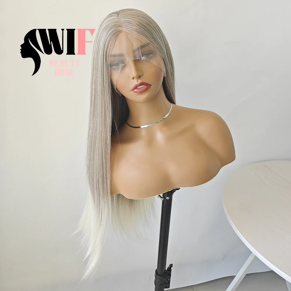 WIF Platinum Highlight Blonde Synthetic Wig Natural Hairline Heat Fiber Ombre Hair Lace Front Wigs Daily Cosplay Use Silk Hair