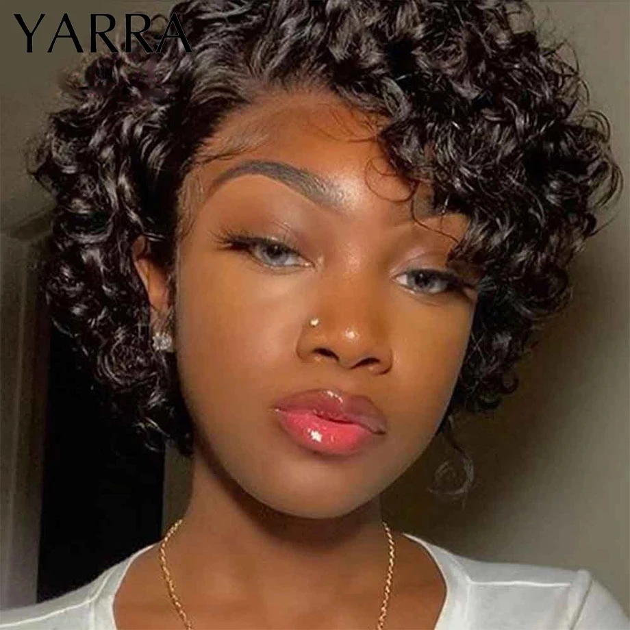 

Short Pixie Cut Wig Human Hair 6 Inch 13x1 Brazilian Remy Hair Curly Bob Wig Transparent Lace Wig Preplucked Hairline Yarra