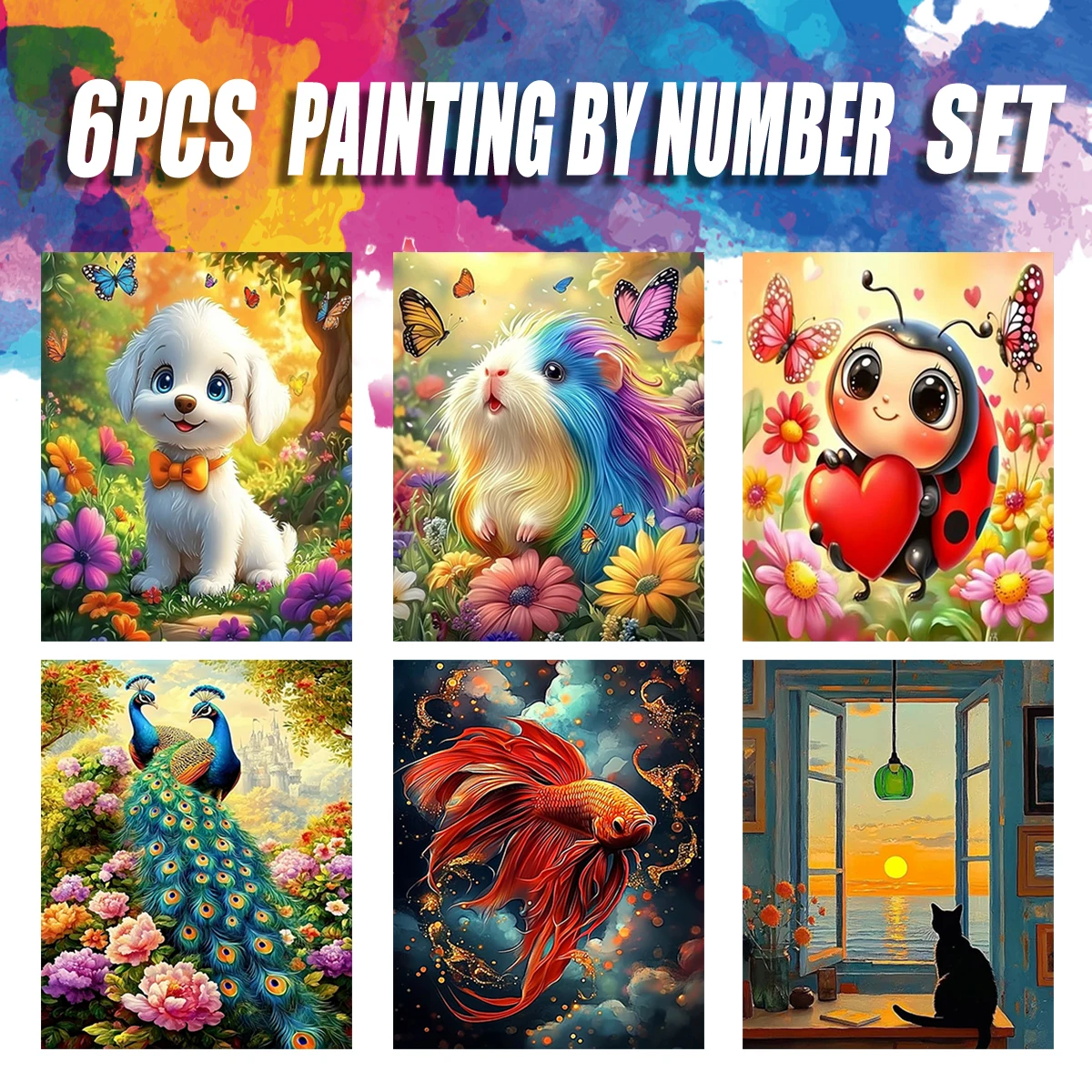 

PhotoCustom 6pc Hand Painting Colorful Animals Painting By Numbers Kit Diy Artwork Canva Art Home Decoration Gift