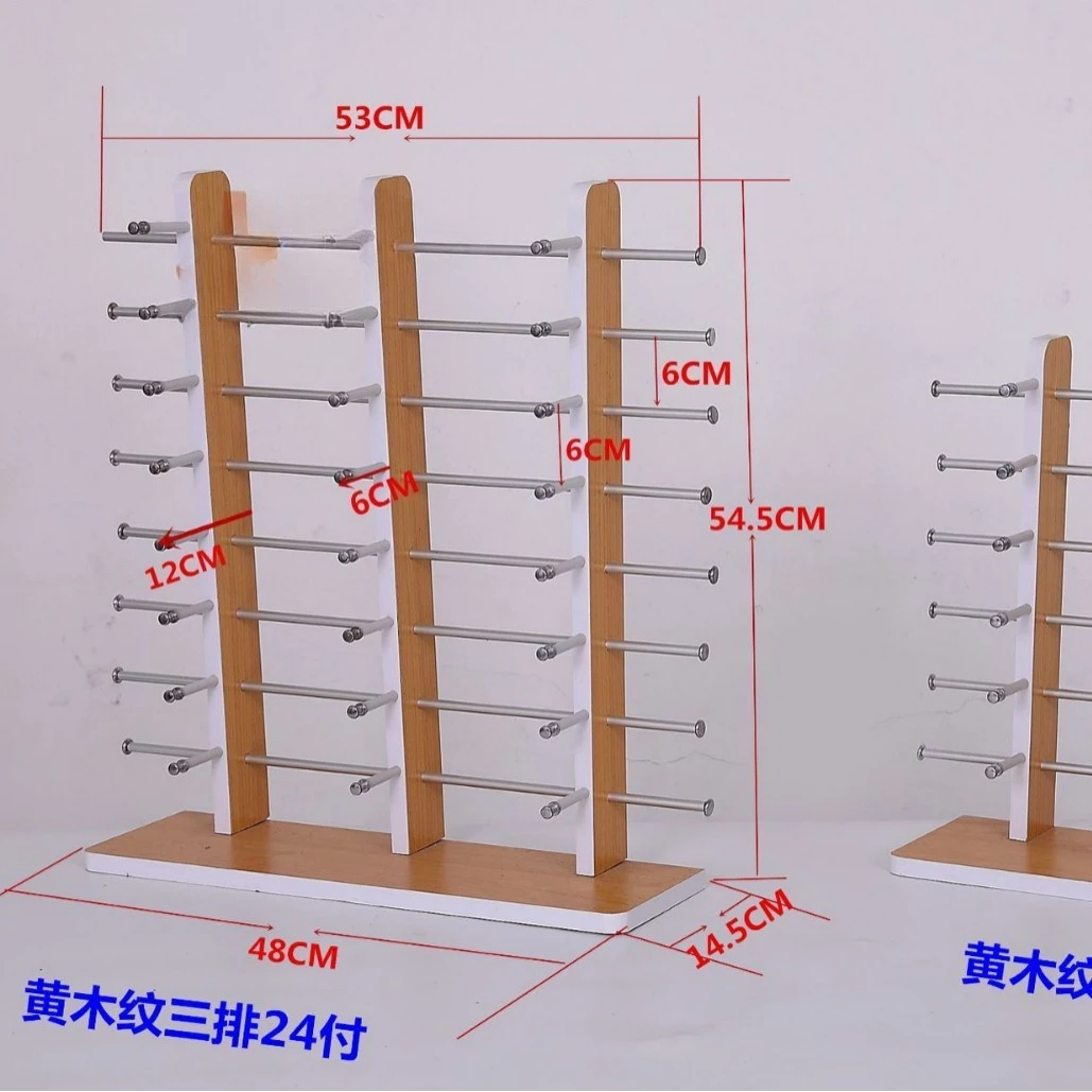 three rows of wood grain color, bamboo grain color, glasses display stand, counter black glasses sunglasses display stand.
