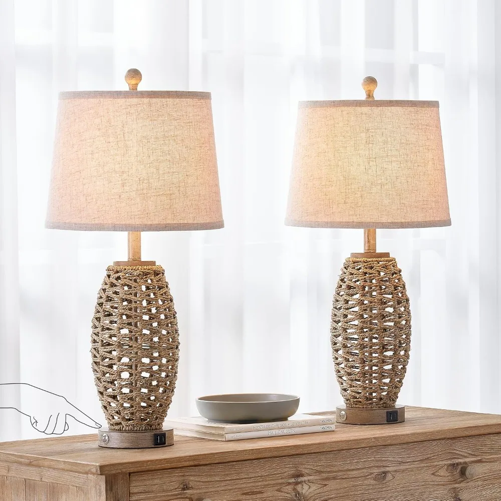 27" Natural Rattan Table Lamp Set of 2, Touch 3-Way Dimmable, USB Charging, Oatmeal Shade view 4