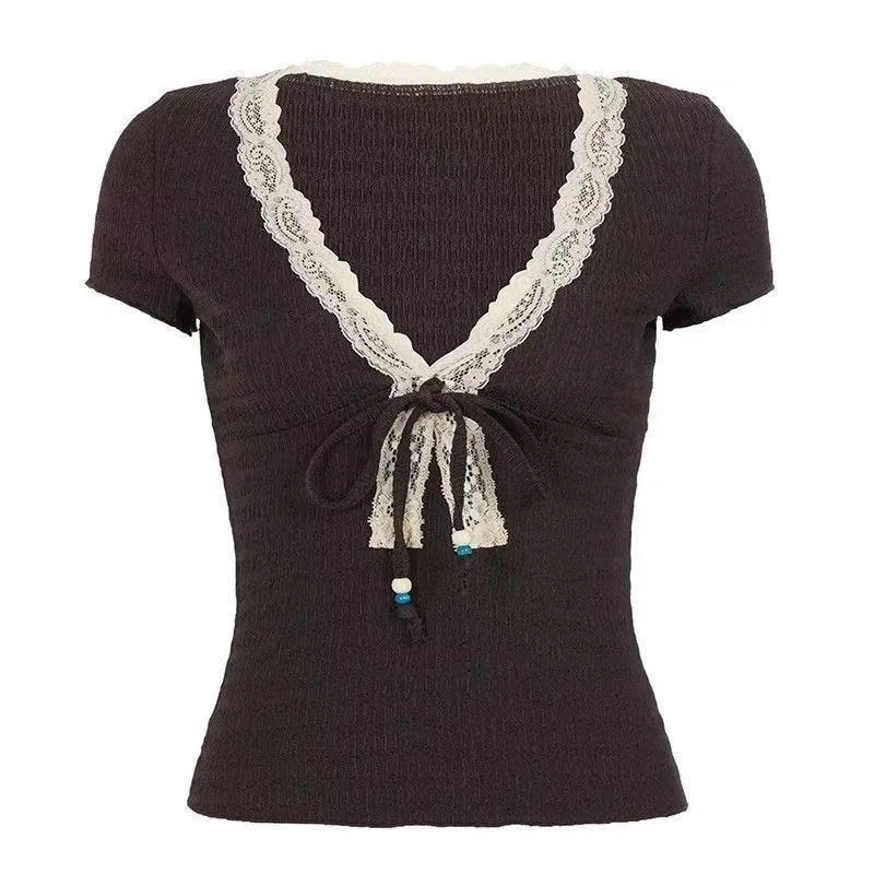 Sweet Vintage Bow Lace Patchwork T-shirt Women Hot Girl Sexy Slim Tees Summer Retro Elegant Fashion Tops Y2k Clothing New