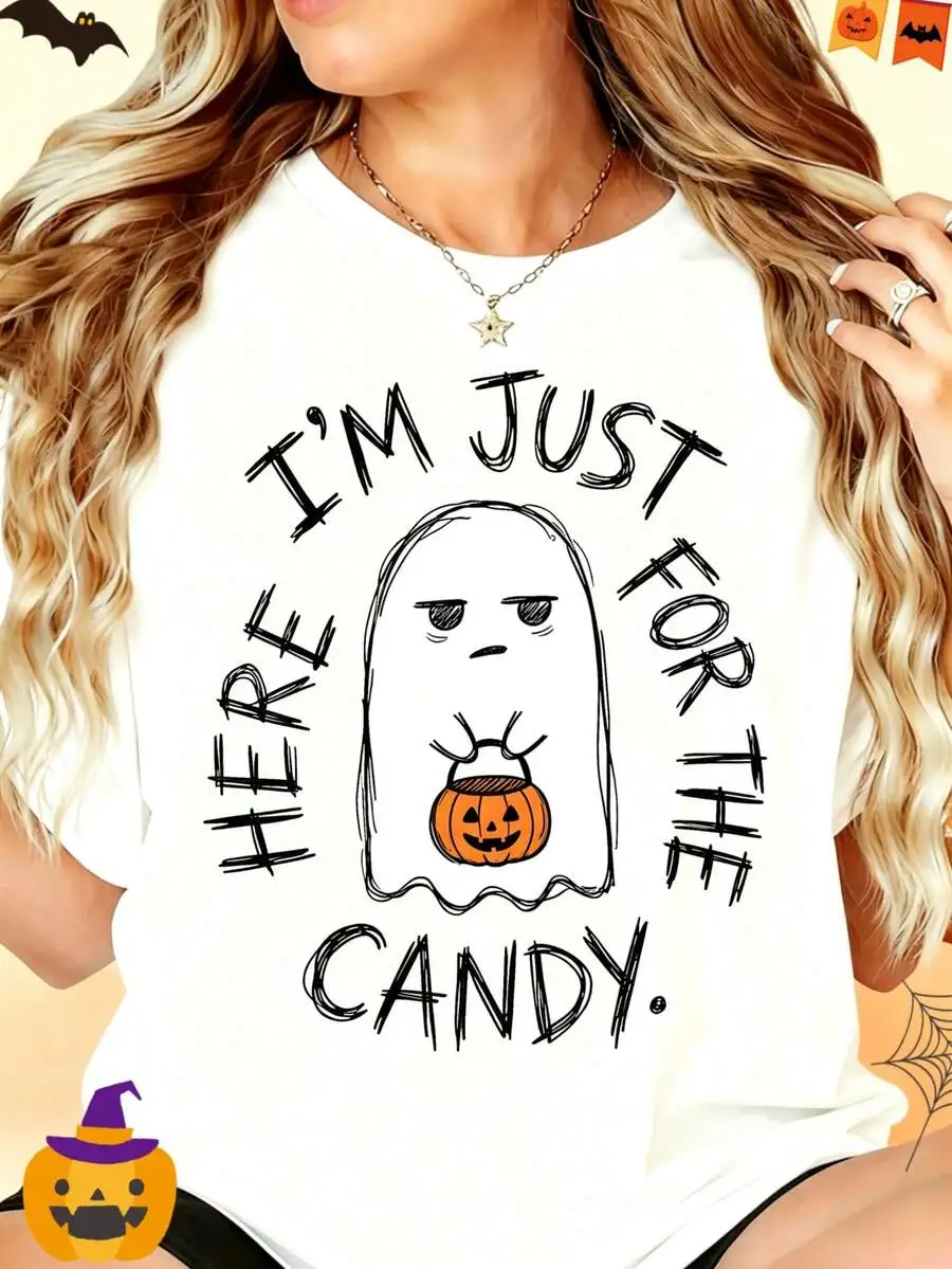 2026 Fashion New Women Round Neck T Shirt Halloween Theme Funny Ghost Pattern Print Here For Candy Slogan Vintage Style Soft Breathable Ladies Daily Casual Basic Top Tee