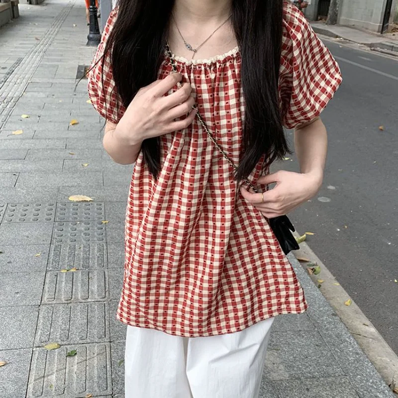 

Милые мешковатые блузки женские с пышными рукавами девичьи красные клетчатые летние Prairie Chic Ulzzang в консервативном стиле нежные с круглым вырезом на каждый день универсальные