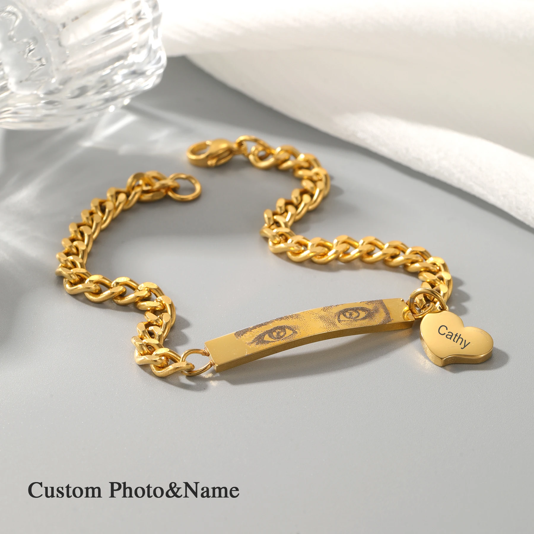 Personalized Eye Bracelet With Heart Drawing Bracelet Photo Cuban Chain Bracelet Custom Eye Image Jewelry Couple For Women Gift