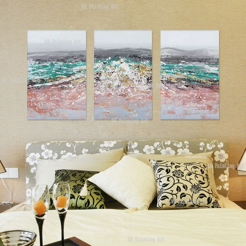 3Pcs Group Sea Wave Oil Painting Palette Knife Pure Handmade Luxury 3 Panels Canvas Large Wall Picture Art Home Showpieces