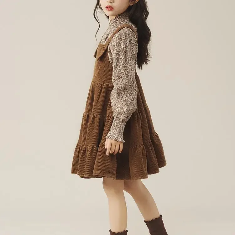 Girls Dress One Piece Suit Spring and Autumn New Fashion Floral Overalls Skirt Two Piece Suit Outer Wear Casual Simple