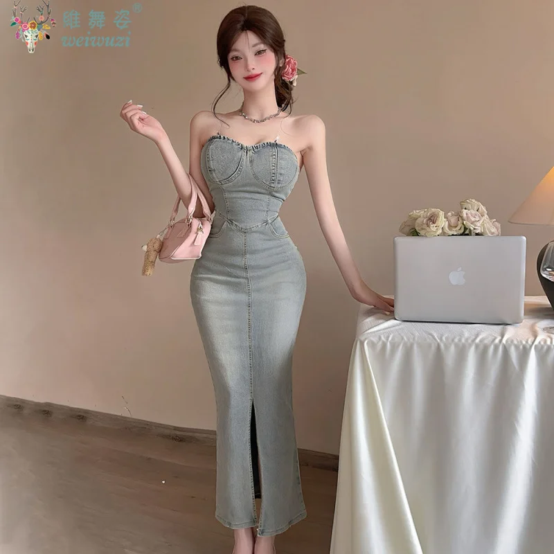 

New Sexy Strapless Denim Dress Women's Summer Fashion Slit Design Jean Skirt Casual Slim Fit Streetwear Elegant Party Outfit