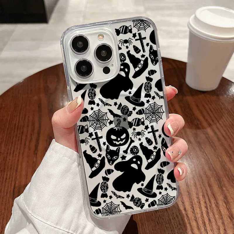 

Halloween Cartoon Pattern Gift Magnetic Magsafe Transparent Phone Case For iPhone 16 15 14 13 12 11 Pro Max 15 Plus Cover Fundas