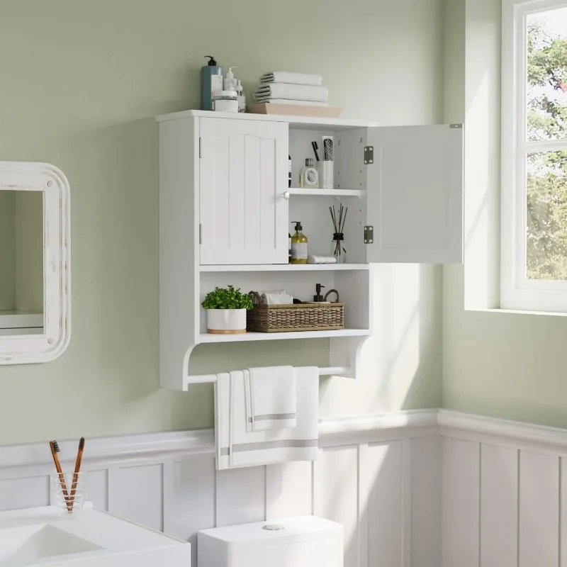 

White Bathroom Cabinet Wall Mounted with Towels Bar, Bathroom Medicine Cabinet with 2 Door Adjustable Shelves,