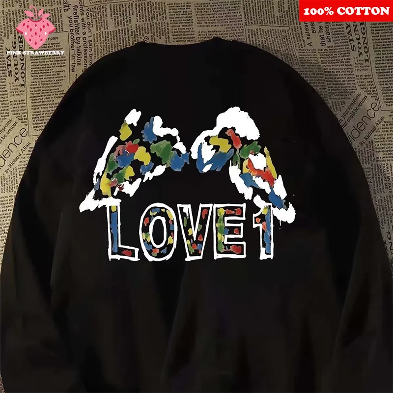 

American Graffiti wing Print T-shirt Men Autumn 2025 New 100% Cotton Black Casual Long sleeves T-shirt Top Y2k Couple clothing