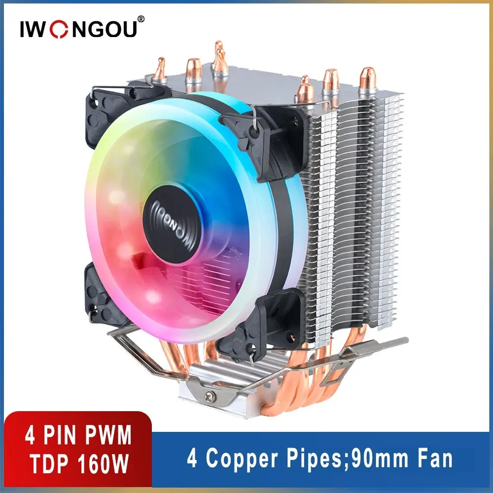Iwongou Am4ทำความเย็นโปรเซสเซอร์ X99 4ท่อฮีตเตอร์ iwongou 4Pin PWM ระบายความร้อน CPU 90มม. พัดลม RGB สำหรับ Intel LGA 2011/1366/1700 /amd