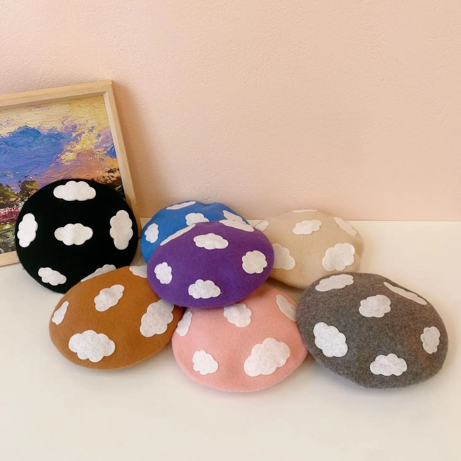 

Beret warm color autumn hat cloud fashion painter hat solid color elegant women's color matching winter hat