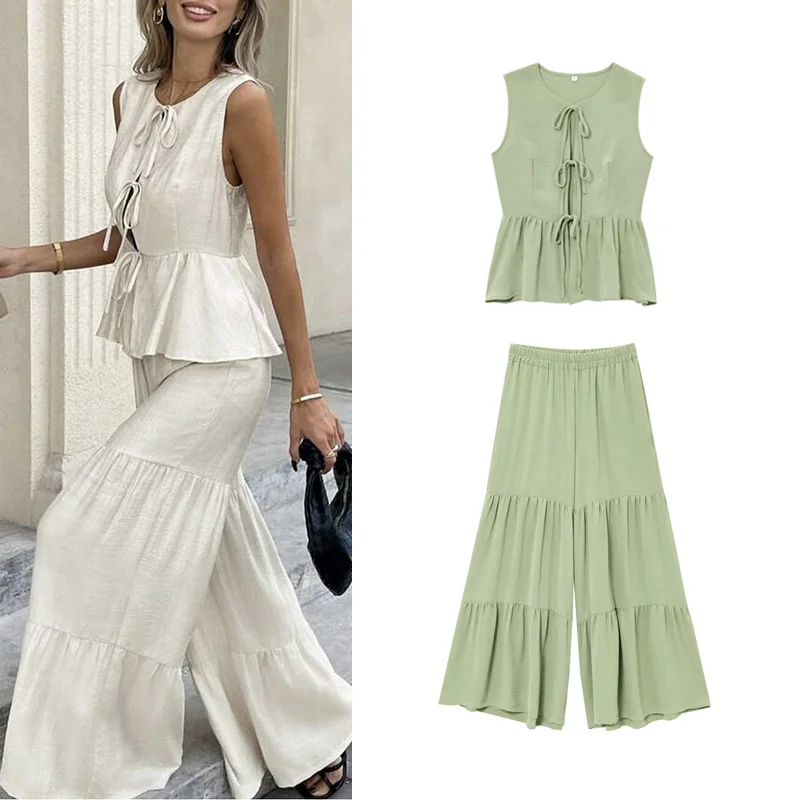 

Spring New Women's Loose Svel round Ne Simple Sle Top with Belt Long Pants Faionable Two-Piece Set Casual Wear