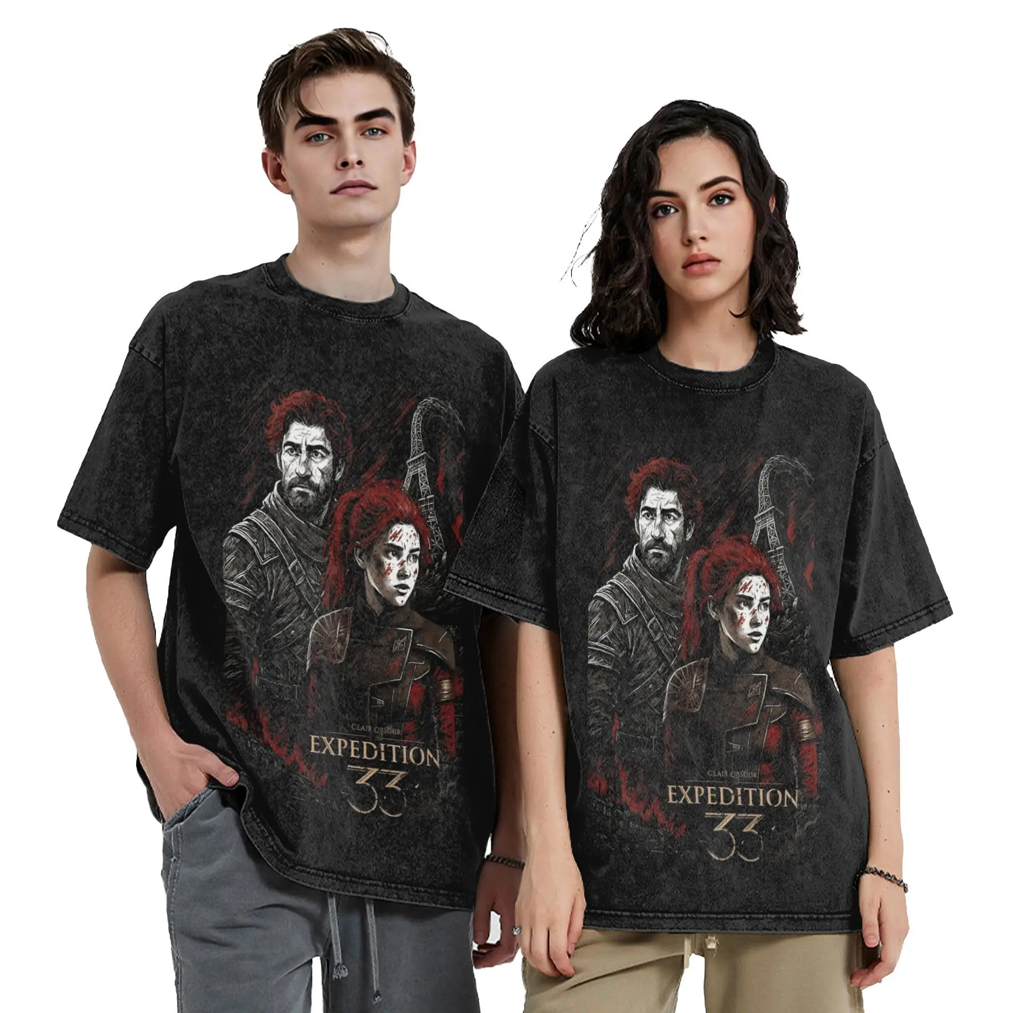 Aesthetic Two Characters Video Game Clair Obscur Expedition 33  Washed T-Shirt Unisex Cotton Short Sleeve  Crewneck Summer Tops