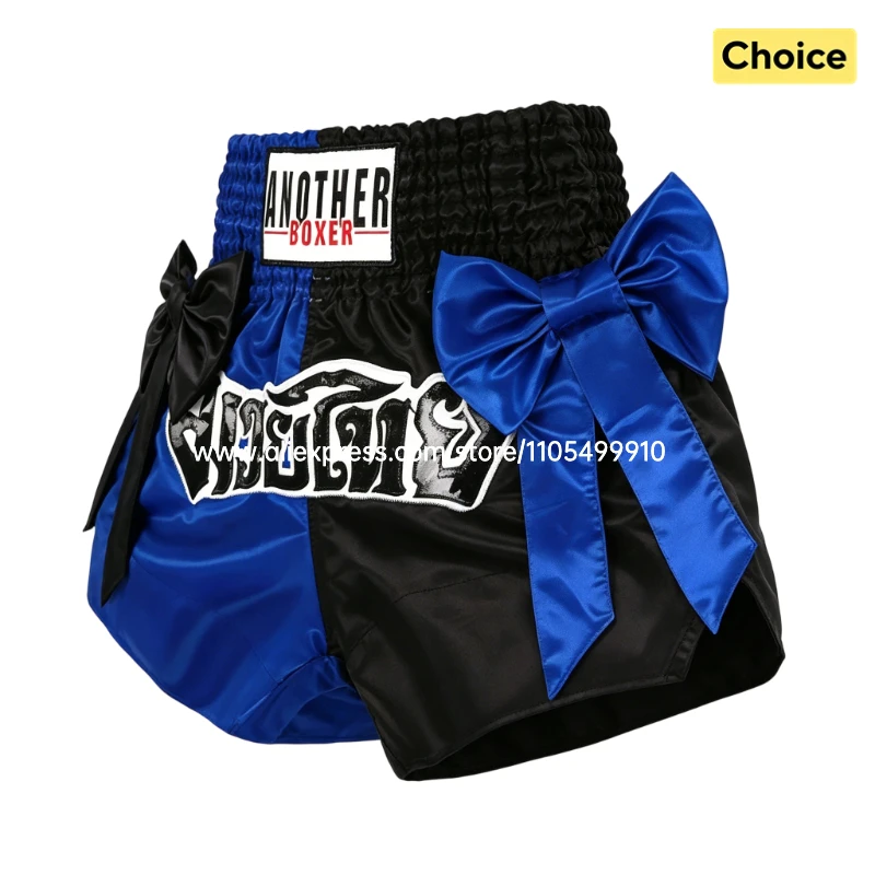 Boxing Pants Split Color Muay Thai Shorts Black Blue with Bow Tie Kickboxing MMA Satin Shorts Men Women Kids Training Sparring