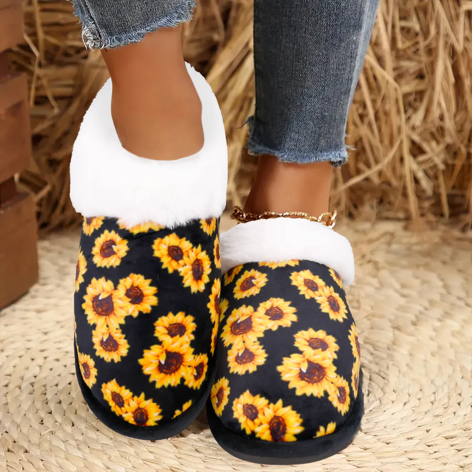 Chrysanthemum Women's Shoes Indoor/Outdoor, Soft Memory Foam House Shoes, Comfy Fuzzy House Shoes