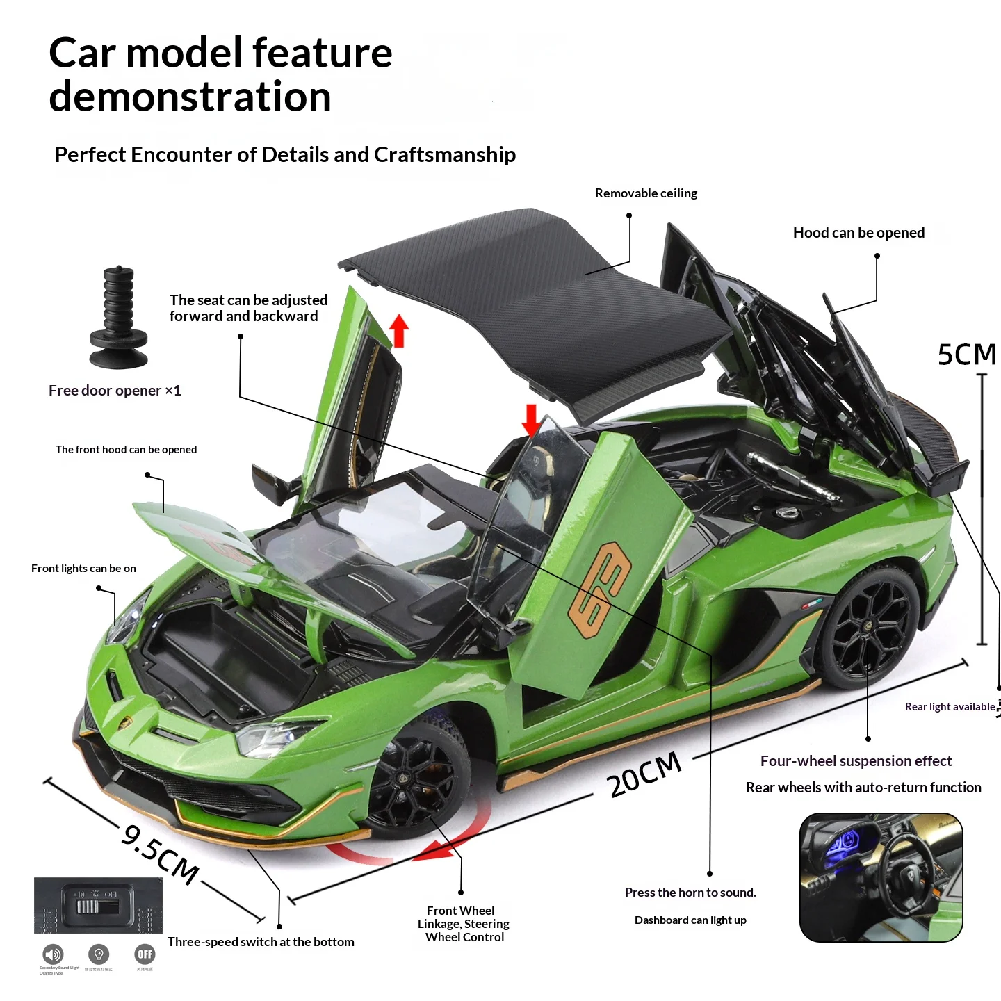 1/24 Alloy Supercar SVJ63 Model With Realistic Interior Details, Convertible, Rubber Tires
