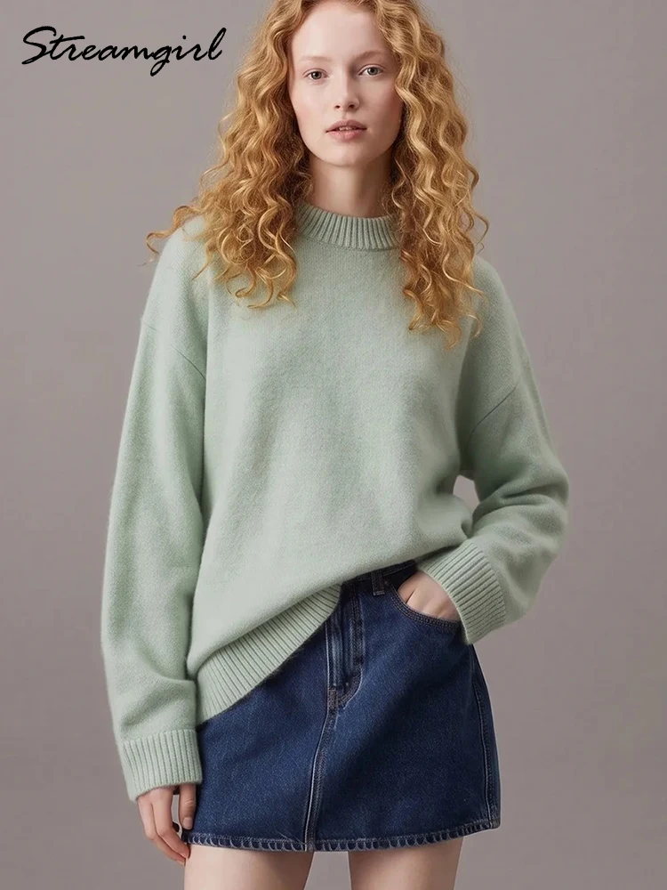 Warm Green Oversize Sweaters For Women Winter O Neck Pullovers Pink Vintage Jumpers Solid Knitwear Fall Woman Grey Sweater Thick Warm Green Oversize Sweaters For Women Winter O Neck Pullovers Pink Vintage Jumpers Solid Knitwear Fall Woman Grey Sweater Thick
