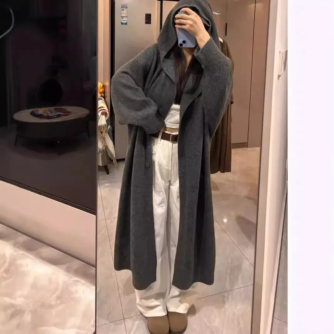 

2025 Autumn and Winter Lazy Style Sweater Jacket Women's Retro Loose Medium Long Hooded Knitted Cardigan Coat