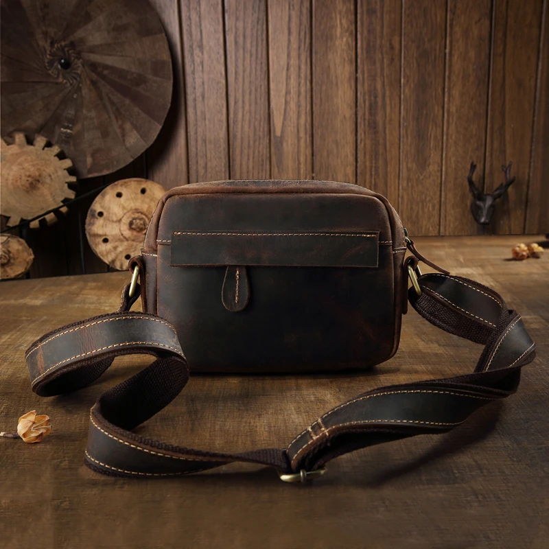 New Handmade Genuine Leather Cross body Bag Men Vintage Top Layer Cowhide Leather Shoulder Bag Casual Outdoor Travel Mini Bag