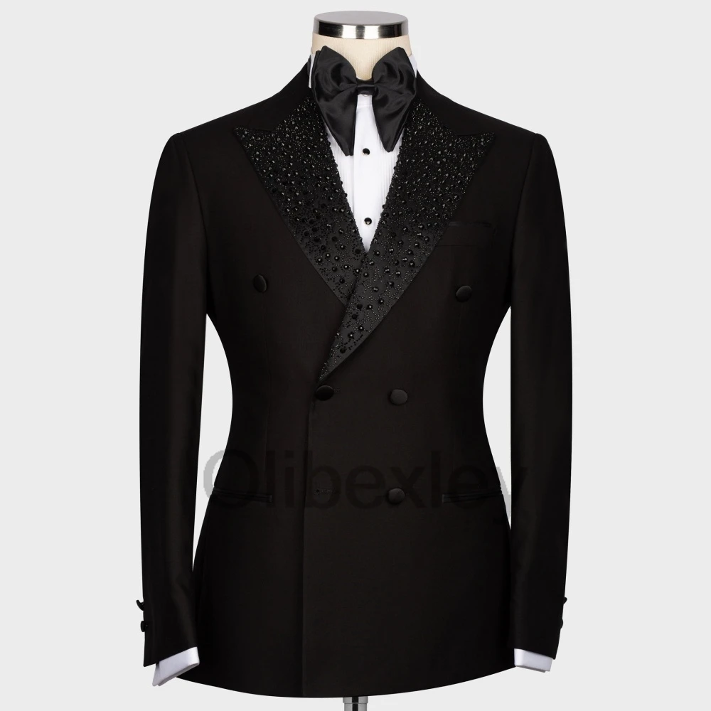 Olibexley Luxury Men Suits Diamond Rhinestone Beaded 2 Pieces Double Breasted Groom Male Blazers Wedding Tuxedos Customized S158