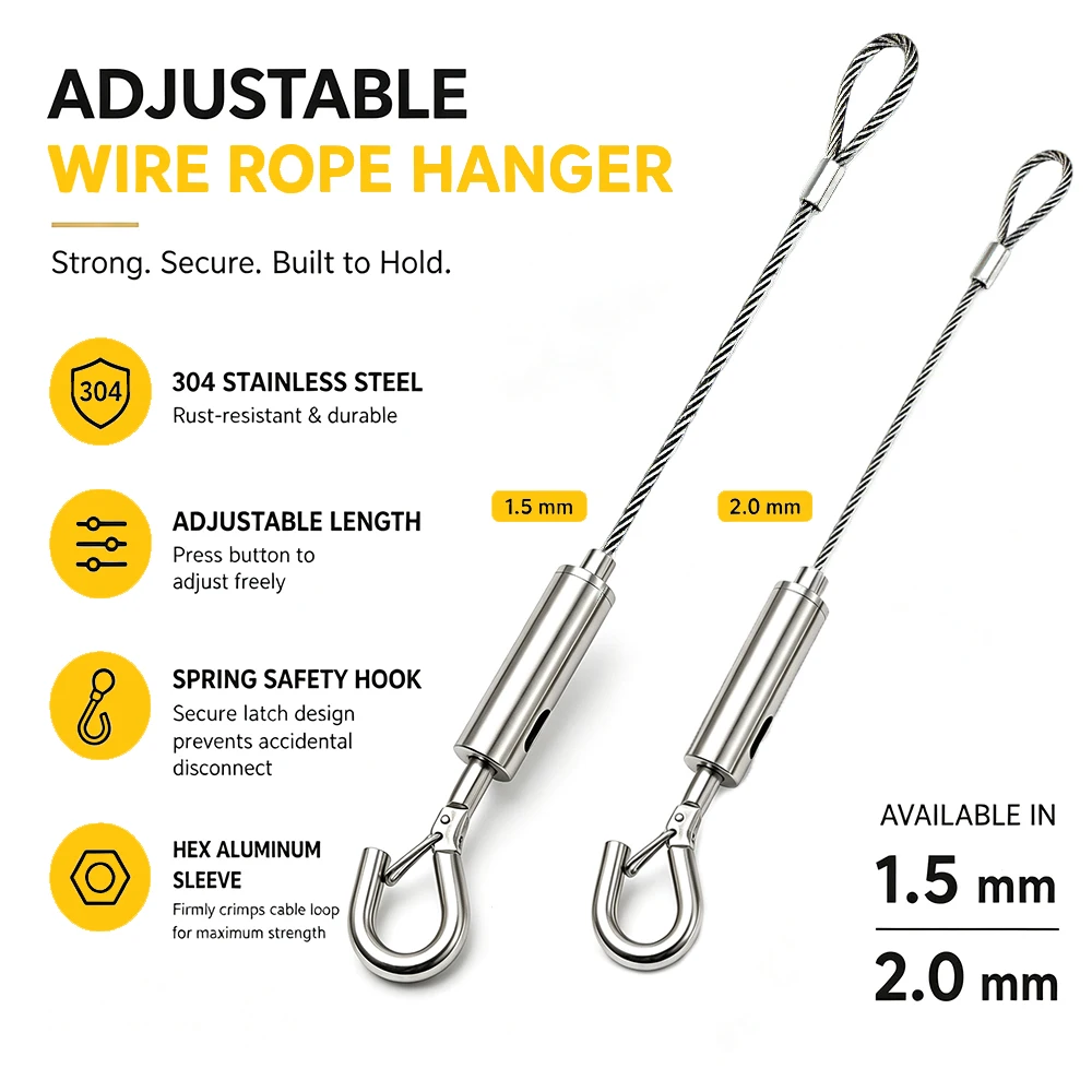 1.5mm 2mm Stainless Steel Wire Rope With Safety Hooks at Both Ends  Used for Gallery  Lighting  and Sign Decoration Hanging