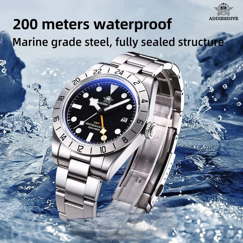 ADDIESDIVE Top Brand GMT Quartz Movement Mens Watch Stainless Steel 20Bar Dive Super Luminous Man WristWatch AD2035 Reloj Hombre