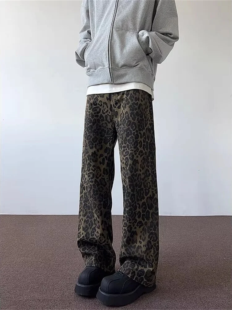 

Джинсы с леопардовым принтом в американском стиле ретро, ​​мужские модные джинсы с прямыми штанинами, популярные среди молодежи, весенне-осенняя одежда