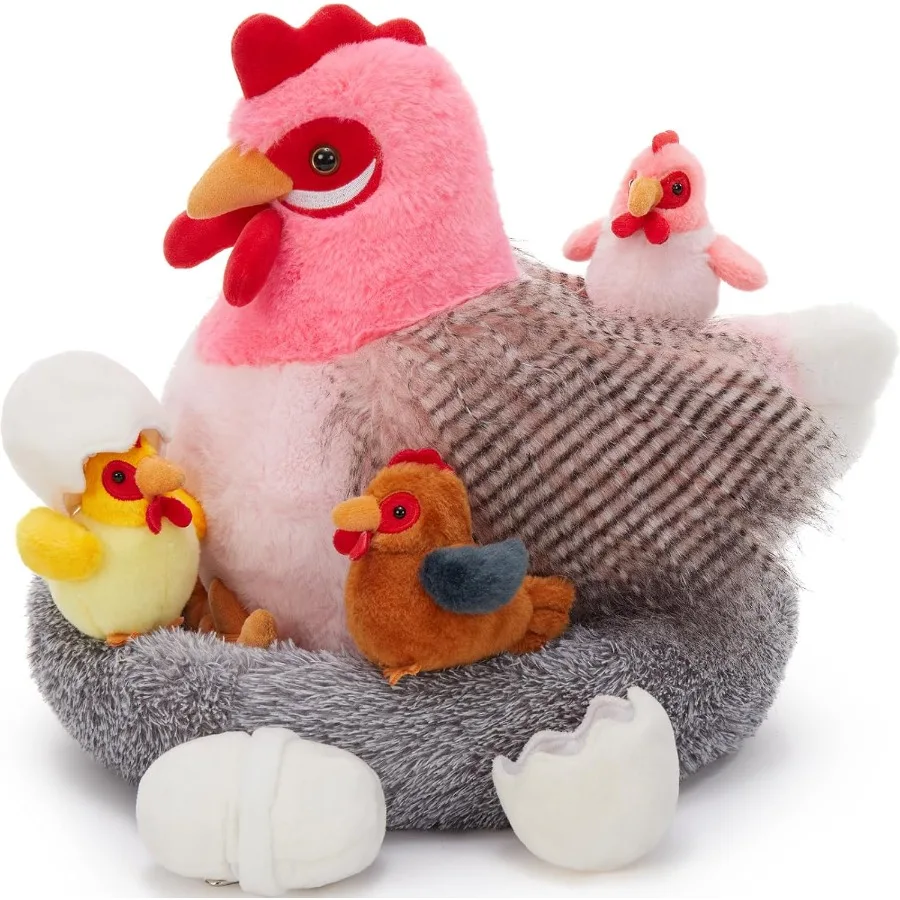 

8Pcs Chicken Stuffed Animal Plush Toys for Pink Hen with Baby Chicks and Coop Soft Pink Fabric Ideal for Christmas Farm Party D