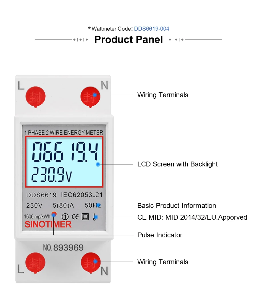 Vatímetro con pantalla Digital LCD para uso doméstico, medidor de electricidad de consumo de energía kWh, CA 230V 50Hz, carga de 80A, 1 fase, 2