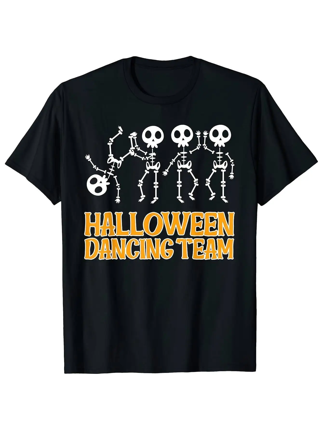 Single-Sided Printed Crew Neck Men's T-Shirt, Dancing Skeleton Halloween Dance Team, Unisex, Summer Short-Sleeved, Retro Style, Regular Fit, Graphic Print
