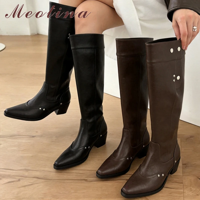 Meotina Women Genuine Leather Knee High Long Boot Round Toe Thick High Heels Rivets Gogo Boot Ladies Fashion Autumn Winter Shoes