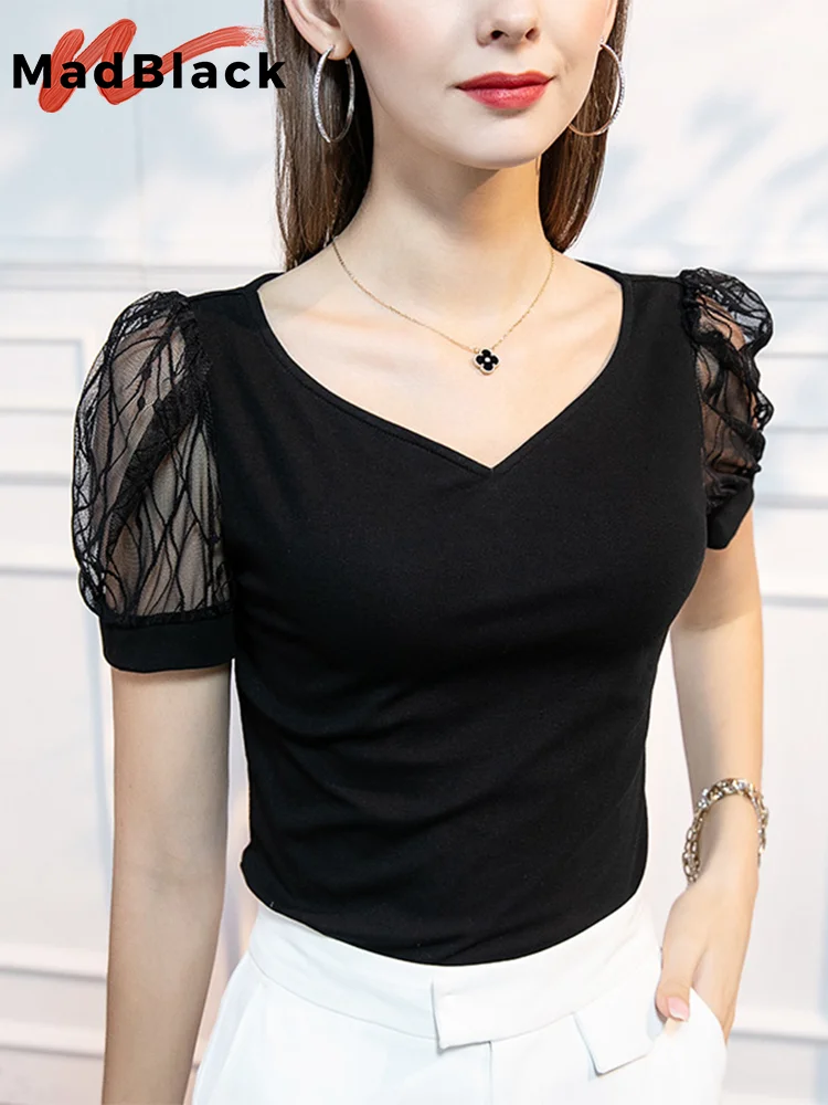 

MadBlack Summer European Clothes Tshirts Women Sexy Sweetheart Collar Cotton Tops Lace Puff Short Sleeve Stretchy Tees T35665M