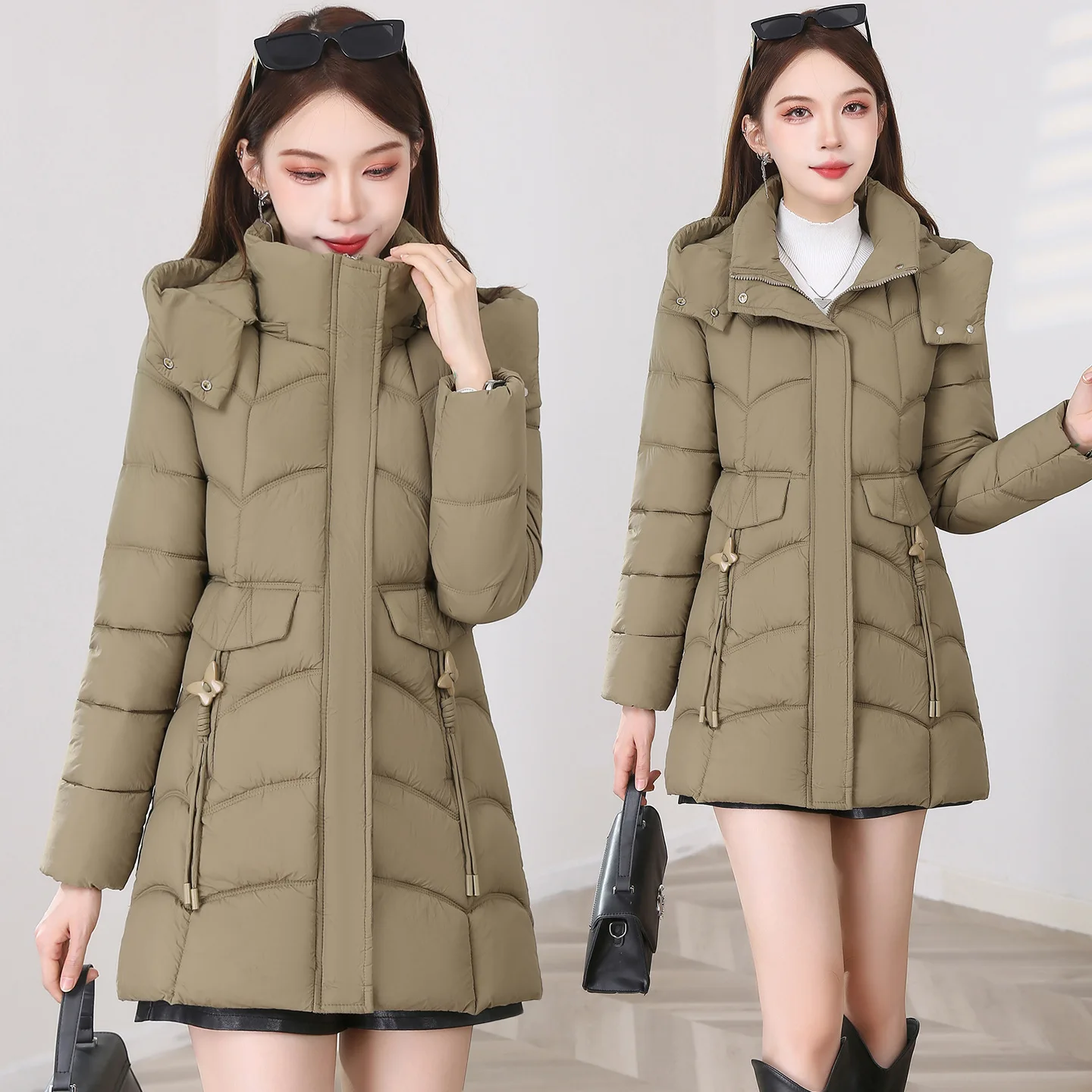 

Women Parkas Coats Solid Mid Length Jackets Zipper Pocket Hooded Long Sleeves Slim Fit Casual Office Lady 2025 Autumn Winter