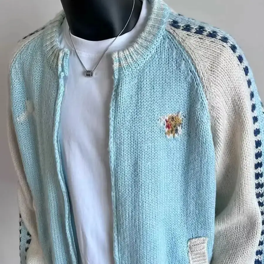 

Korean Vintage Splicing Sweater Cardigan New Casual Sports Y2K Fashion Knitted Sweater Loose Harajuku Couple Knitted Sweater