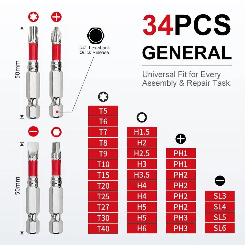34Pcs Magnetic Screwdriver Bit Set 1/4