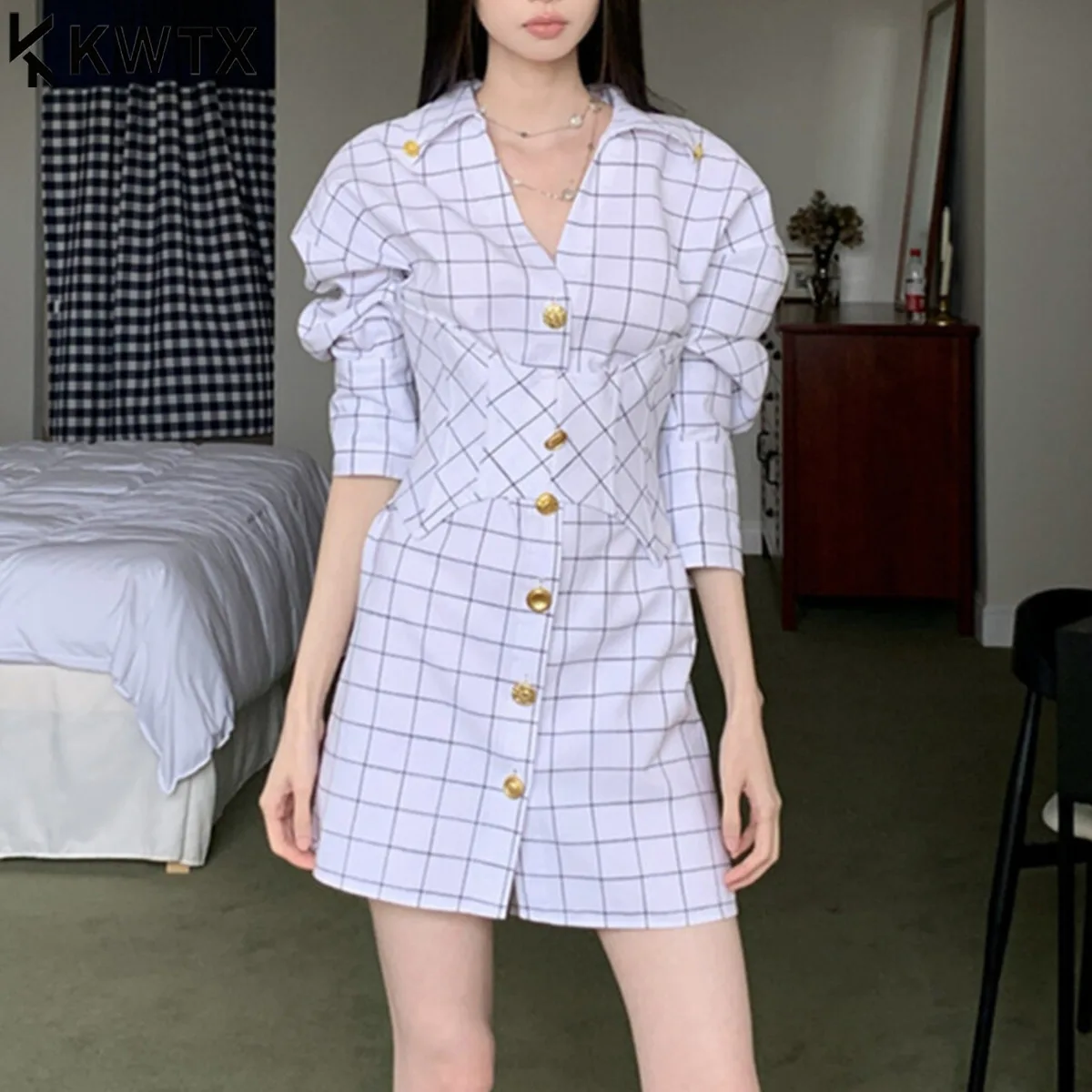 

KWTX Women’s Color Block Plaid Two Piece Set V-Neck A-Line Short Belted Vintage Elegant Slimming Comfortable Spring Summer 2025