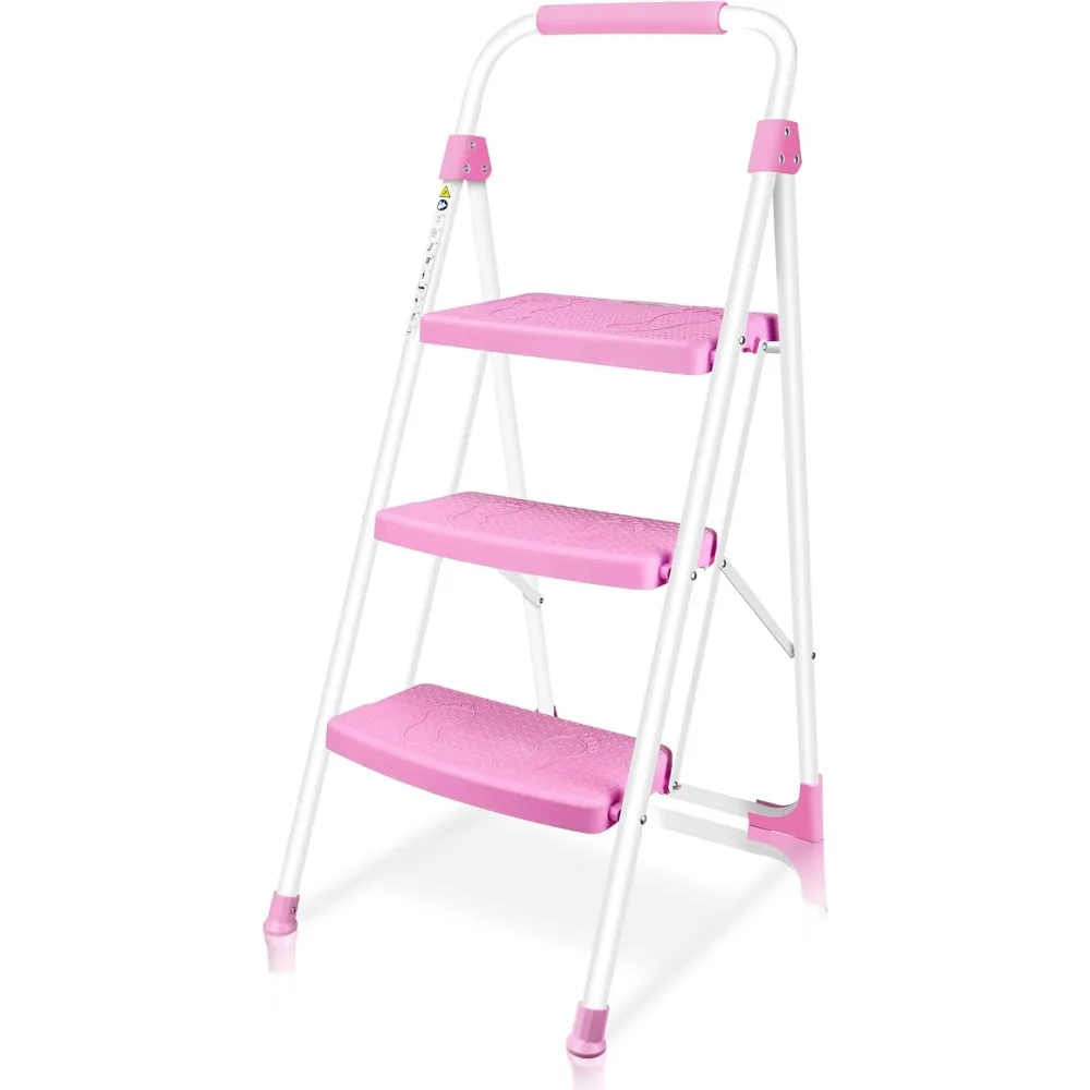 

3 Step Ladder, Portable Folding Step Stool with Wide Anti-Slip Pedal, 500lbs Sturdy Steel Ladder, Convenient Handgrip