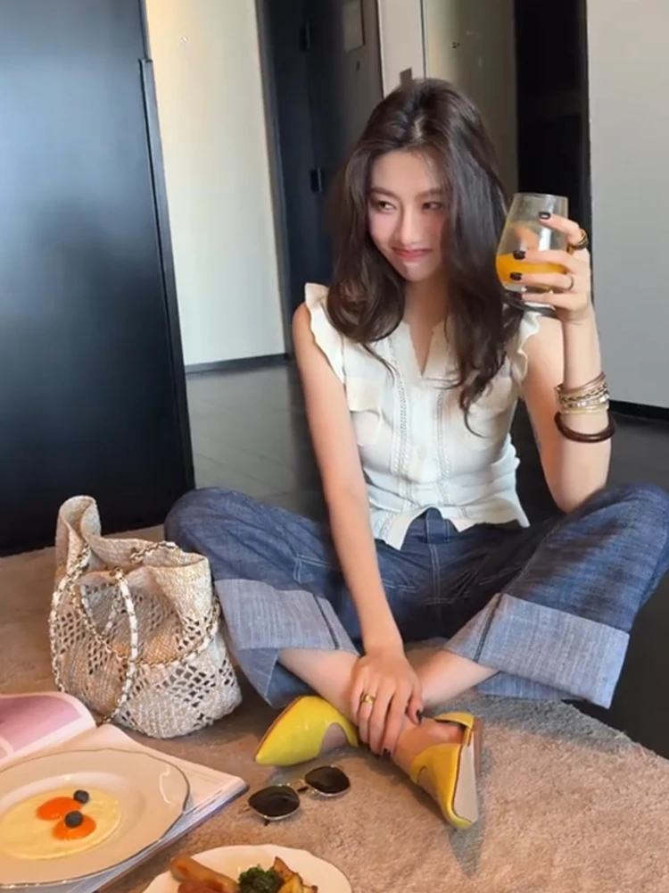 เสื้อกั๊กถักลายฉลุแฟชั่นสำหรับผู้หญิง สไตล์เกาหลี ทรงตรง ติดกระดุม เหมาะสำหรับใส่ไปทำงานช่วงฤดูร้อน